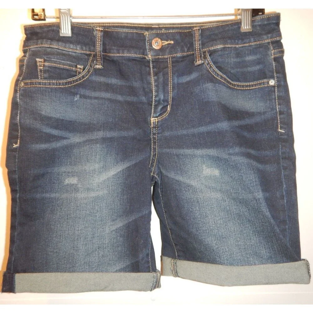 Arizona Jean Co Womens Juniors 9 Denim Bermuda Shorts Dark Wash Cuffed Stretch